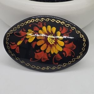 Vintage Artist Signed Russian Hand Painted Lacquer Brooch Pin Oval Yellow Flower